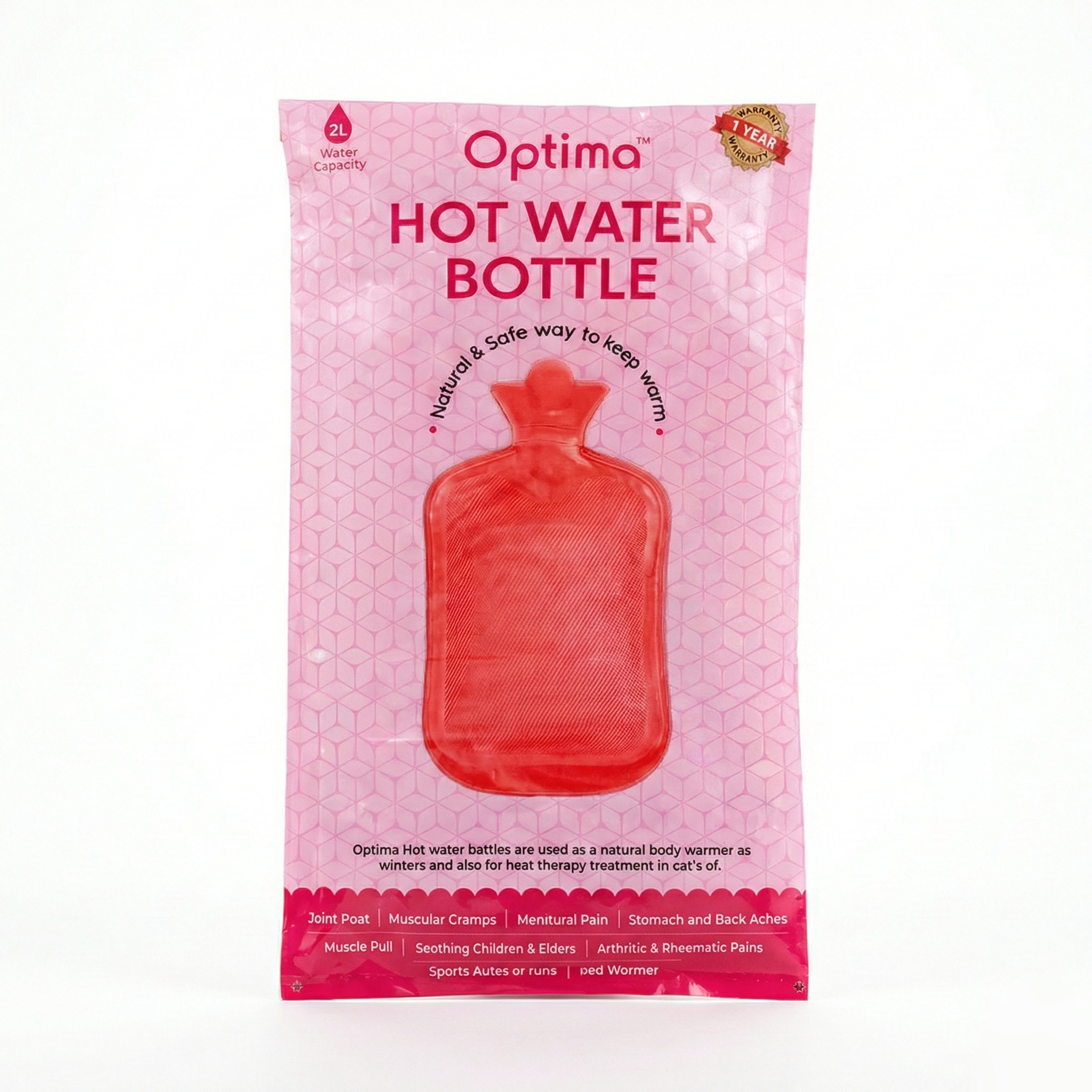 OPTIMA 2L HOT WATER BOTTLE ( RED ) FOR PAIN RELIEF – LEAK -PROOF, DURABLE & FLEXIBLE