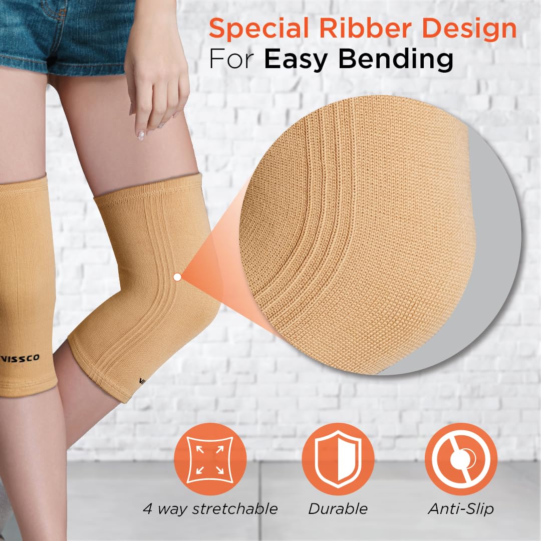 VISSCO TUBULAR ELASTIC KNEE CAP | MILD SUPPORT FOR FREE KNEE MOVEMENT (BEIGE)